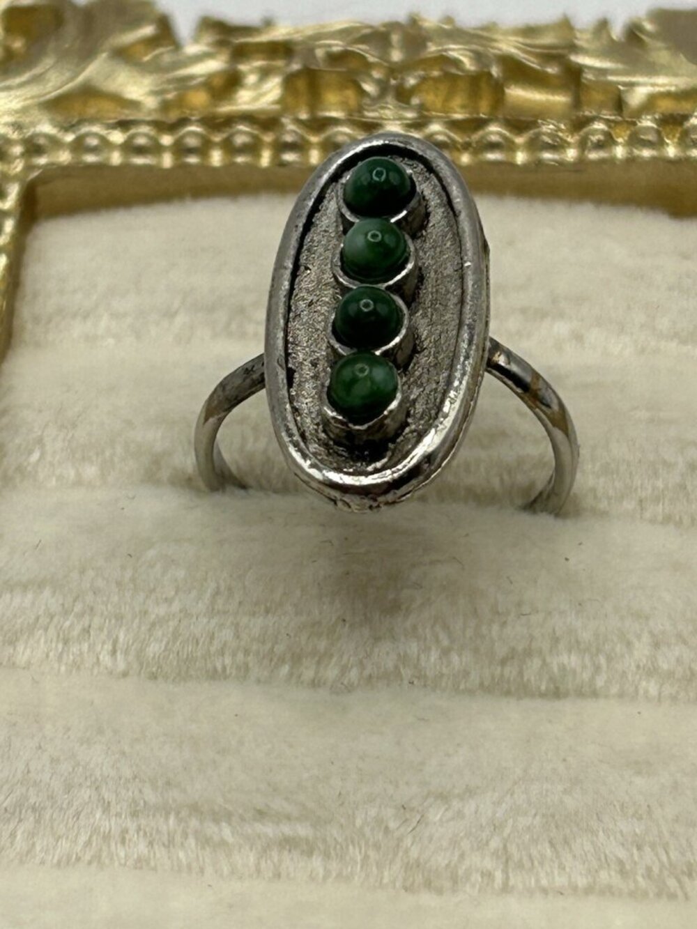 Vintage Silver Tone Green Cabochon Adjustable Ring Size 6 Costume Jewelry Gift - Picture 2 of 11